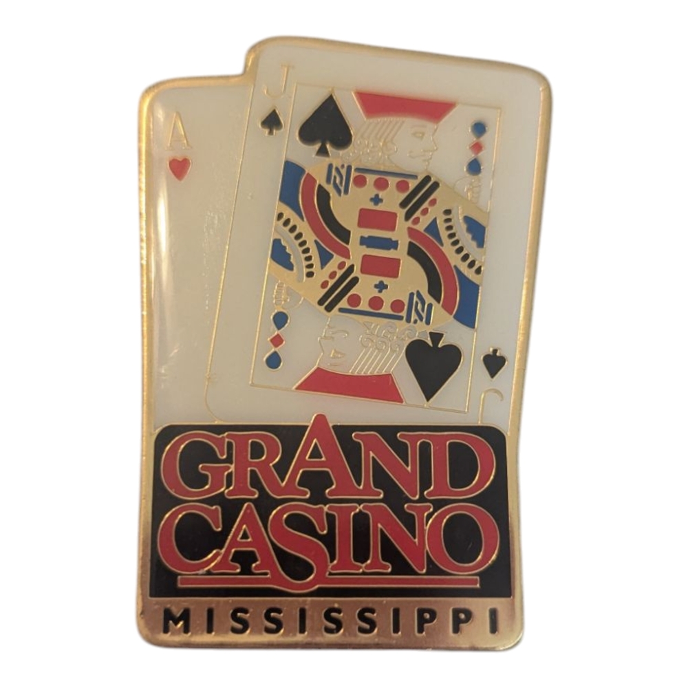 Vintage PD Enameled Gold Tone Metal Grand Casino MS Deck of Cards Fridge Magnet